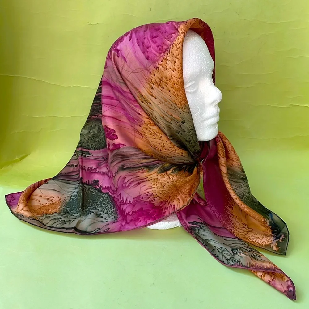 Vintage multicolored hand painted tie dye silk scarf